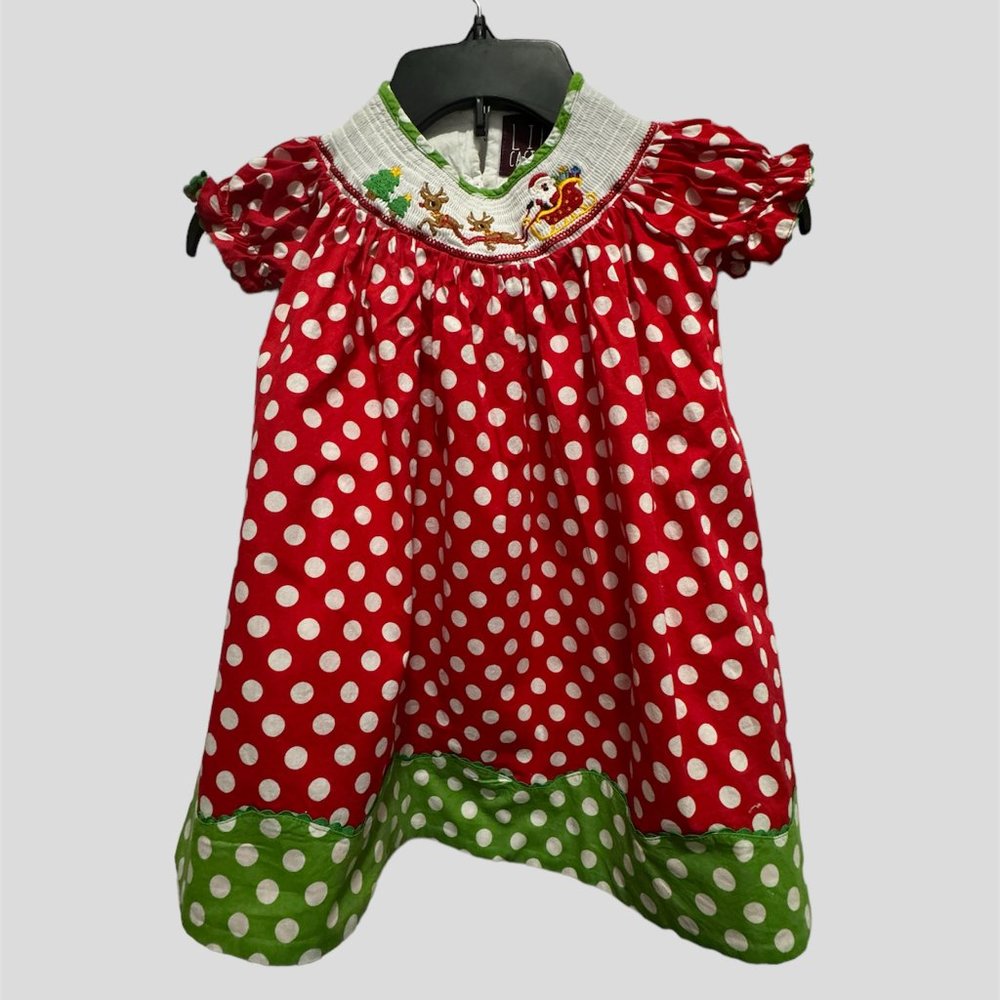 Lil Cactus size 2 T smocked  santa's sleigh polka dot dress